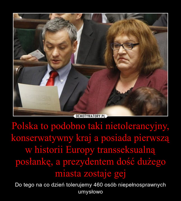 Polska to podobno taki nietolerancyjny, konserwatywny kraj a posiada pierwszą w historii Europy transseksualną posłankę, a prezydentem dość dużego miasta zostaje gej – Do tego na co dzień tolerujemy 460 osób niepełnosprawnych umysłowo 