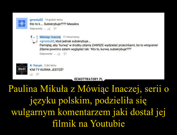 Paulina Mikuła z Mówiąc Inaczej, serii o języku polskim, podzieliła się wulgarnym komentarzem jaki dostał jej filmik na Youtubie –  