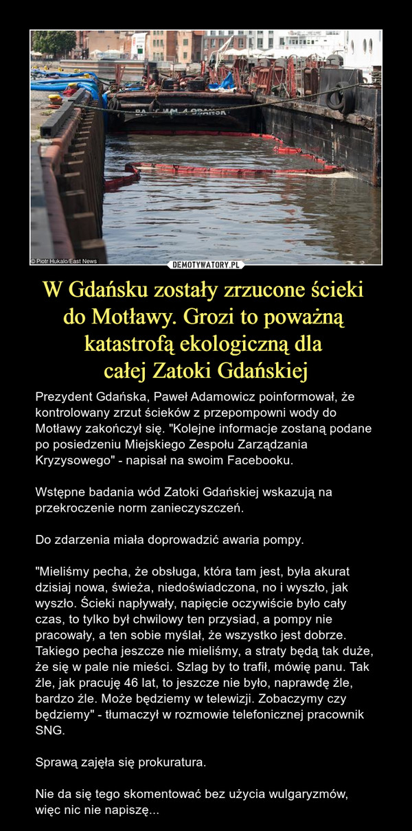 W Gdańsku zostały zrzucone ścieki 
do Motławy. Grozi to poważną 
katastrofą ekologiczną dla 
całej Zatoki Gdańskiej