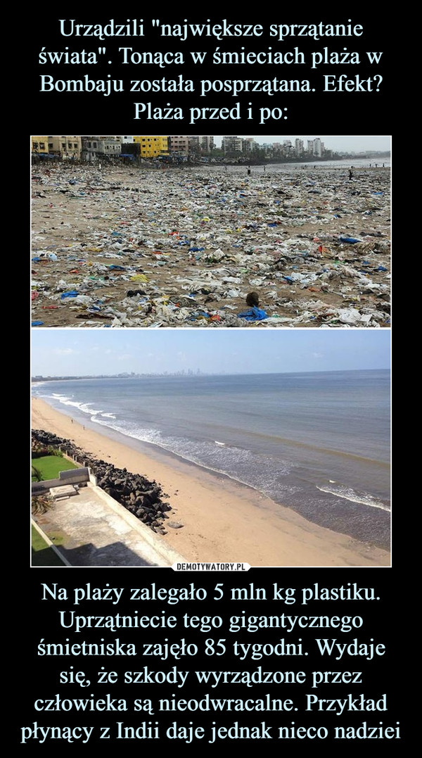 Na plaży zalegało 5 mln kg plastiku. Uprzątniecie tego gigantycznego śmietniska zajęło 85 tygodni. Wydaje się, że szkody wyrządzone przez człowieka są nieodwracalne. Przykład płynący z Indii daje jednak nieco nadziei –  