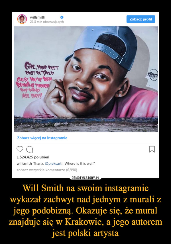 Will Smith na swoim instagramie wykazał zachwyt nad jednym z murali z jego podobizną. Okazuje się, że mural znajduje się w Krakowie, a jego autorem jest polski artysta –  
