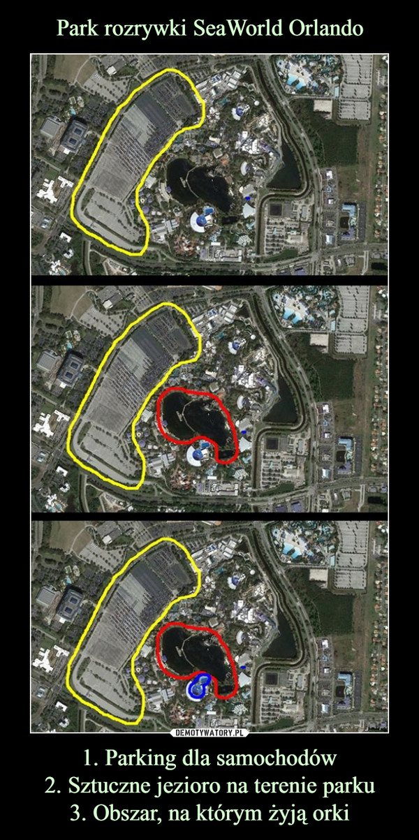 Park rozrywki SeaWorld Orlando 1. Parking dla samochodów
2. Sztuczne jezioro na terenie parku
3. Obszar, na którym żyją orki