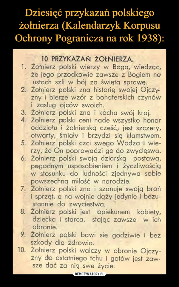 Dziesięć przykazań polskiego żołnierza (Kalendarzyk Korpusu Ochrony Pogranicza na rok 1938):