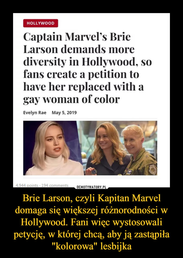 Brie Larson, czyli Kapitan Marvel domaga się większej różnorodności w Hollywood. Fani więc wystosowali petycję, w której chcą, aby ją zastąpiła "kolorowa" lesbijka