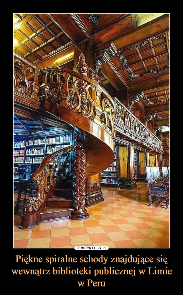 Piękne spiralne schody znajdujące się wewnątrz biblioteki publicznej w Limie w Peru –  