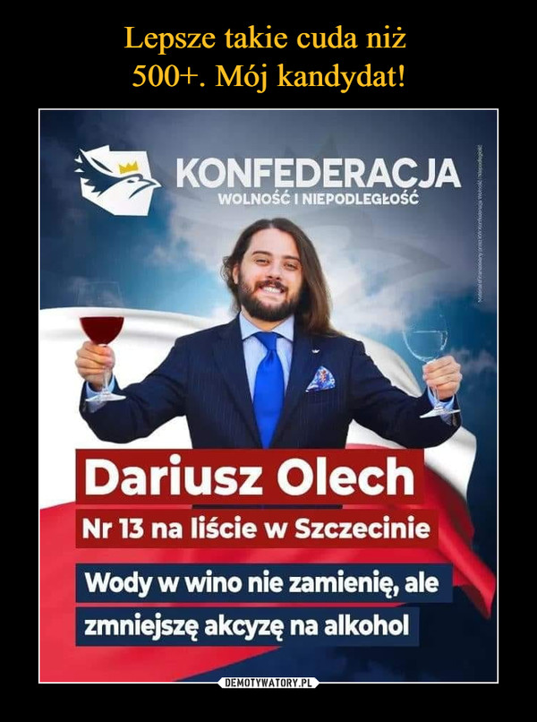  –  KONFEDERACJA	WOLNOŚĆ I NIEPODLEGkOŚĆ	Dariusz Olech	Nr 13 na liście w Szczecinie	Wody w wino nie zamienię, ale	zmniejszę akcyzę na alkohol