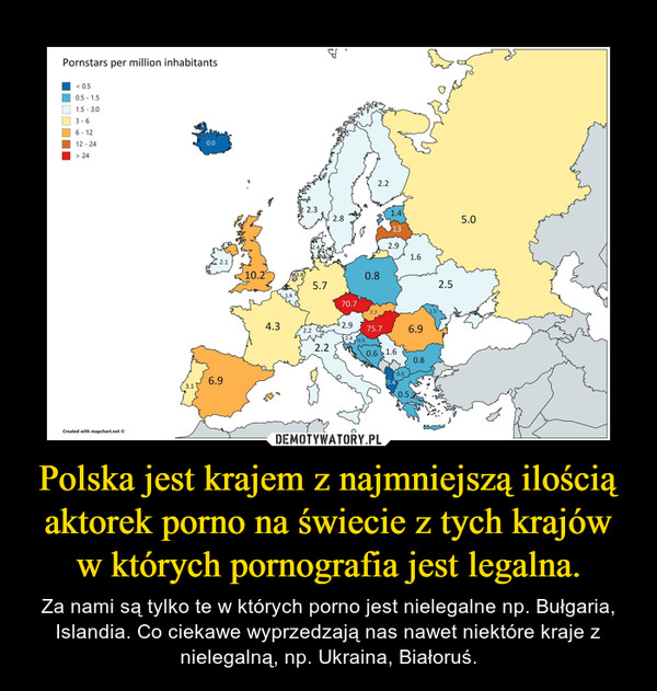 Polska jest krajem z najmniejszą ilością aktorek porno na świecie z tych krajów w których pornografia jest legalna. – Za nami są tylko te w których porno jest nielegalne np. Bułgaria, Islandia. Co ciekawe wyprzedzają nas nawet niektóre kraje z nielegalną, np. Ukraina, Białoruś. 