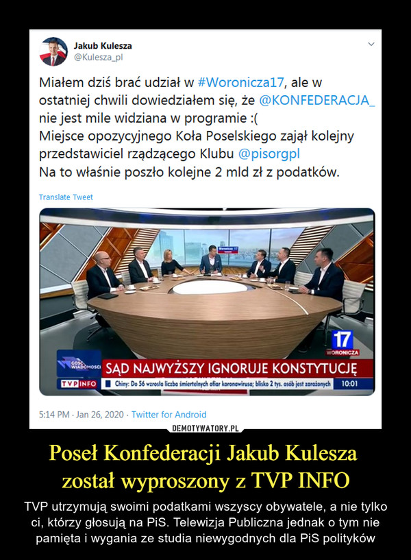 Poseł Konfederacji Jakub Kulesza 
został wyproszony z TVP INFO