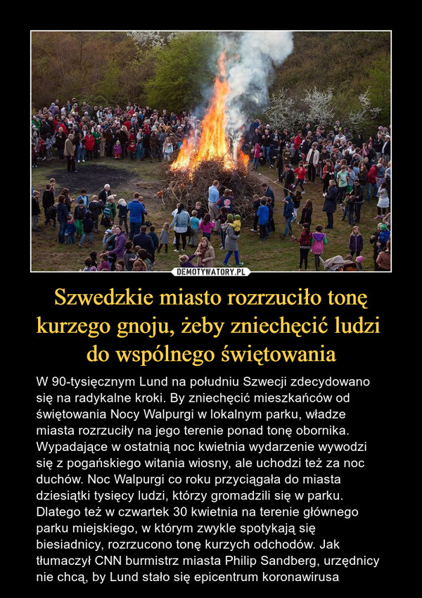 Szwedzkie miasto rozrzuciło tonę kurzego gnoju, żeby zniechęcić ludzi do wspólnego świętowania – W 90-tysięcznym Lund na południu Szwecji zdecydowano się na radykalne kroki. By zniechęcić mieszkańców od świętowania Nocy Walpurgi w lokalnym parku, władze miasta rozrzuciły na jego terenie ponad tonę obornika. Wypadające w ostatnią noc kwietnia wydarzenie wywodzi się z pogańskiego witania wiosny, ale uchodzi też za noc duchów. Noc Walpurgi co roku przyciągała do miasta dziesiątki tysięcy ludzi, którzy gromadzili się w parku. Dlatego też w czwartek 30 kwietnia na terenie głównego parku miejskiego, w którym zwykle spotykają się biesiadnicy, rozrzucono tonę kurzych odchodów. Jak tłumaczył CNN burmistrz miasta Philip Sandberg, urzędnicy nie chcą, by Lund stało się epicentrum koronawirusa 