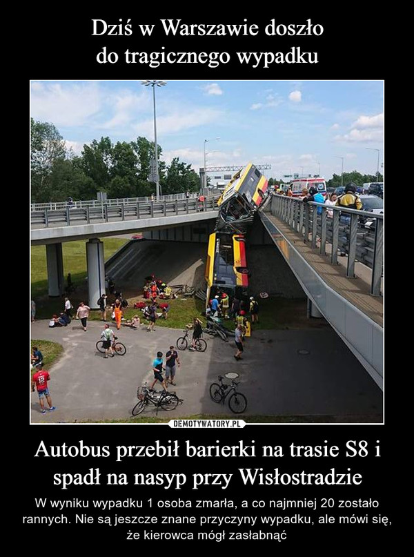 Dziś w Warszawie doszło
do tragicznego wypadku Autobus przebił barierki na trasie S8 i spadł na nasyp przy Wisłostradzie