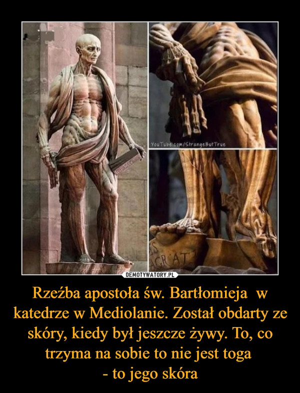 Rzeźba apostoła św. Bartłomieja  w katedrze w Mediolanie. Został obdarty ze skóry, kiedy był jeszcze żywy. To, co trzyma na sobie to nie jest toga - to jego skóra –  