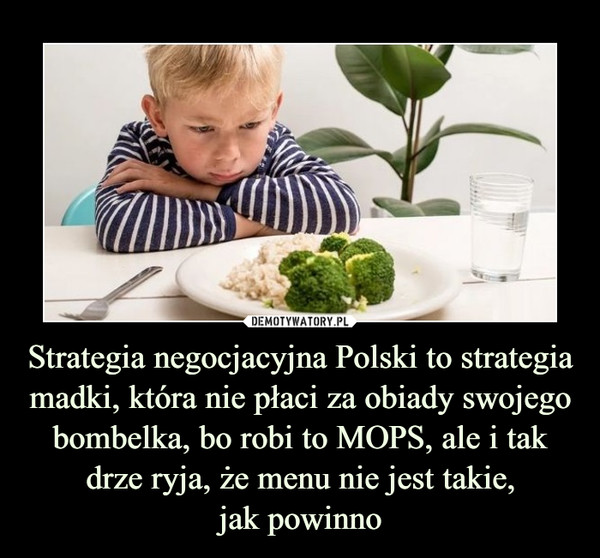 Strategia negocjacyjna Polski to strategia madki, która nie płaci za obiady swojego bombelka, bo robi to MOPS, ale i tak drze ryja, że menu nie jest takie,
jak powinno