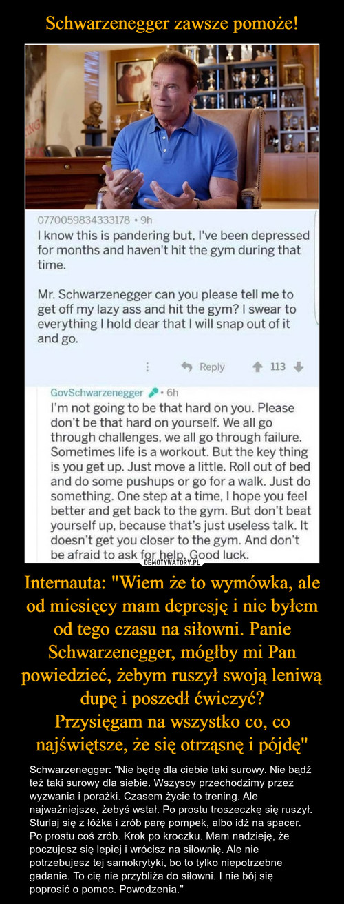 Schwarzenegger zawsze pomoże! Internauta: "Wiem że to wymówka, ale od miesięcy mam depresję i nie byłem od tego czasu na siłowni. Panie Schwarzenegger, mógłby mi Pan powiedzieć, żebym ruszył swoją leniwą dupę i poszedł ćwiczyć?
Przysięgam na wszystko co, co najświętsze, że się otrząsnę i pójdę"