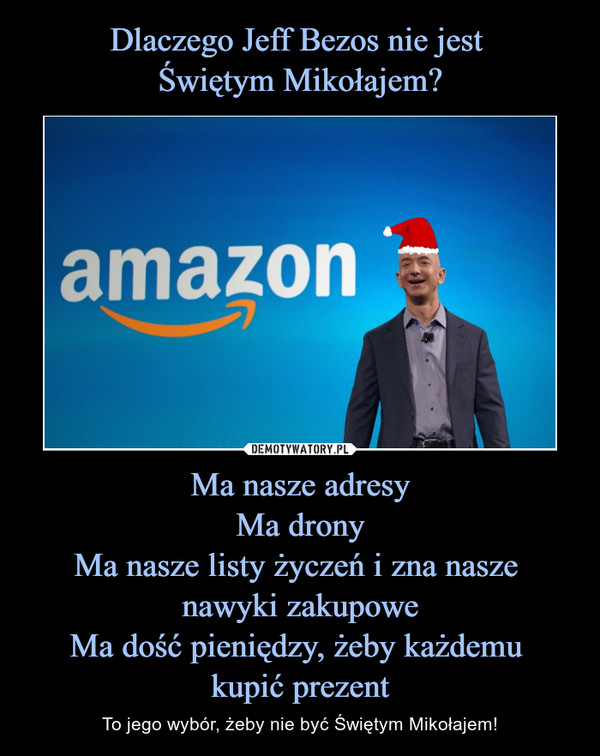 Dlaczego Jeff Bezos nie jest 
Świętym Mikołajem? Ma nasze adresy
Ma drony
Ma nasze listy życzeń i zna nasze 
nawyki zakupowe
Ma dość pieniędzy, żeby każdemu 
kupić prezent