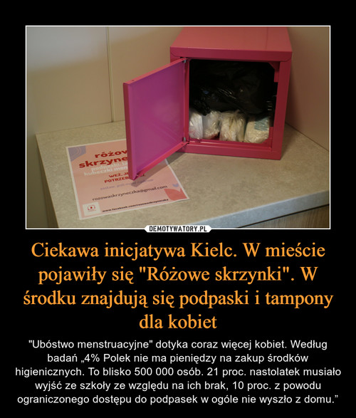 Ciekawa inicjatywa Kielc. W mieście pojawiły się "Różowe skrzynki". W środku znajdują się podpaski i tampony dla kobiet