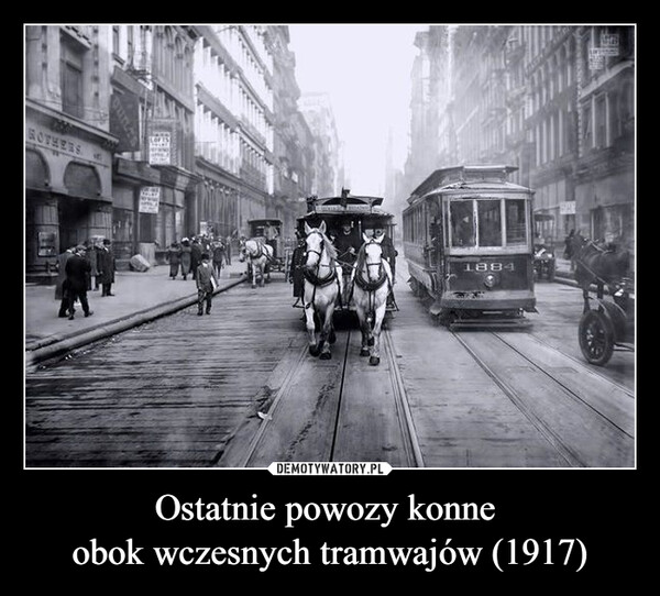 Ostatnie powozy konne 
obok wczesnych tramwajów (1917)