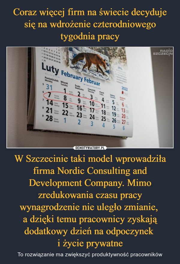W Szczecinie taki model wprowadziła firma Nordic Consulting and Development Company. Mimo zredukowania czasu pracy wynagrodzenie nie uległo zmianie, a dzięki temu pracownicy zyskają dodatkowy dzień na odpoczynek i życie prywatne – To rozwiązanie ma zwiększyć produktywność pracowników 