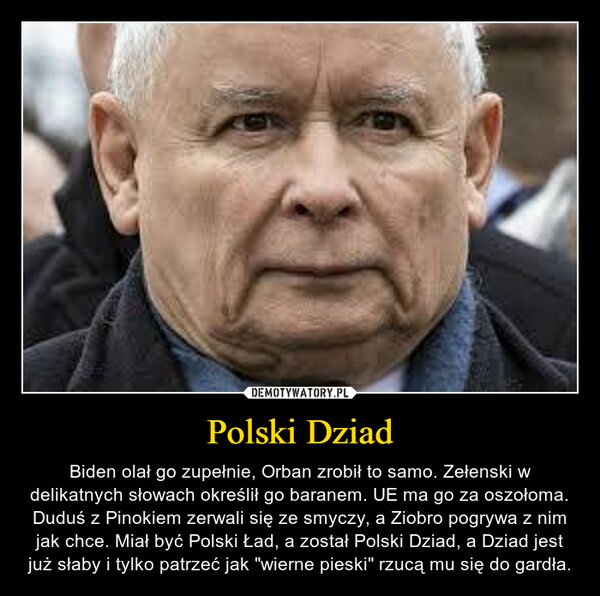 Polski Dziad – Biden olał go zupełnie, Orban zrobił to samo. Zełenski w delikatnych słowach określił go baranem. UE ma go za oszołoma. Duduś z Pinokiem zerwali się ze smyczy, a Ziobro pogrywa z nim jak chce. Miał być Polski Ład, a został Polski Dziad, a Dziad jest już słaby i tylko patrzeć jak "wierne pieski" rzucą mu się do gardła. 
