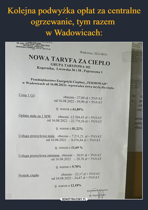 Kolejna podwyżka opłat za centralne ogrzewanie, tym razem 
w Wadowicach: