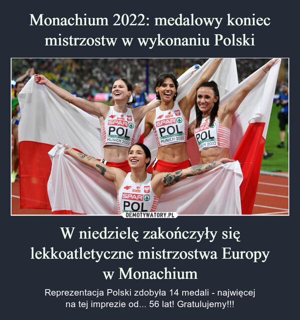 W niedzielę zakończyły się lekkoatletyczne mistrzostwa Europyw Monachium – Reprezentacja Polski zdobyła 14 medali - najwięcejna tej imprezie od... 56 lat! Gratulujemy!!! 