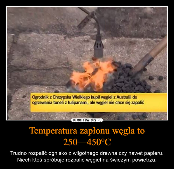 Temperatura zapłonu węgla to 250—450°C – Trudno rozpalić ognisko z wilgotnego drewna czy nawet papieru. Niech ktoś spróbuje rozpalić węgiel na świeżym powietrzu. 