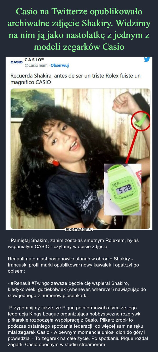 Casio na Twitterze opublikowało archiwalne zdjęcie Shakiry. Widzimy na nim ją jako nastolatkę z jednym z modeli zegarków Casio