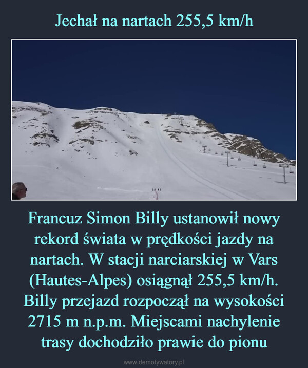 Francuz Simon Billy ustanowił nowy rekord świata w prędkości jazdy na nartach. W stacji narciarskiej w Vars (Hautes-Alpes) osiągnął 255,5 km/h. Billy przejazd rozpoczął na wysokości 2715 m n.p.m. Miejscami nachylenie trasy dochodziło prawie do pionu –  SUIF
