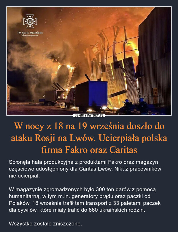 W nocy z 18 na 19 września doszło do ataku Rosji na Lwów. Ucierpiała polska firma Fakro oraz Caritas