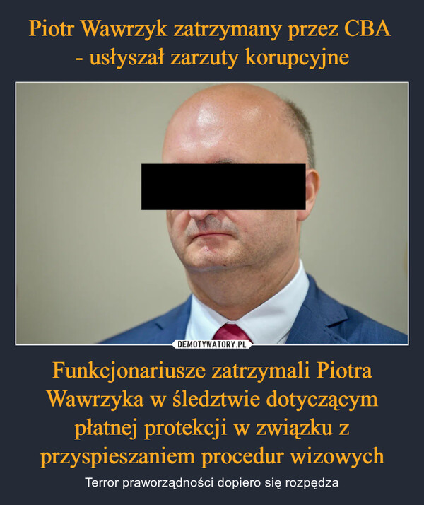 Piotr Wawrzyk zatrzymany przez CBA 
- usłyszał zarzuty korupcyjne Funkcjonariusze zatrzymali Piotra Wawrzyka w śledztwie dotyczącym płatnej protekcji w związku z przyspieszaniem procedur wizowych